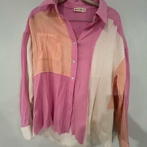 Women's Pink and White Button Down Shirt